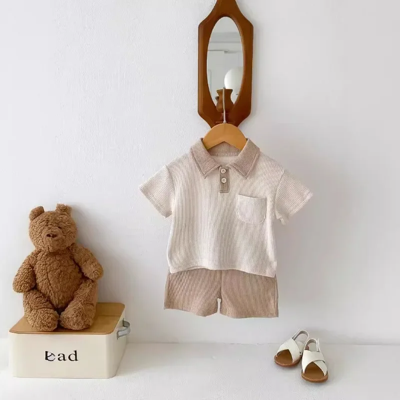 New Korean Version Boys' Summer Clothes Baby Casual Set Waffle Collar Short Sleeved T-shirt+shorts Two-piece Set DGUKYM