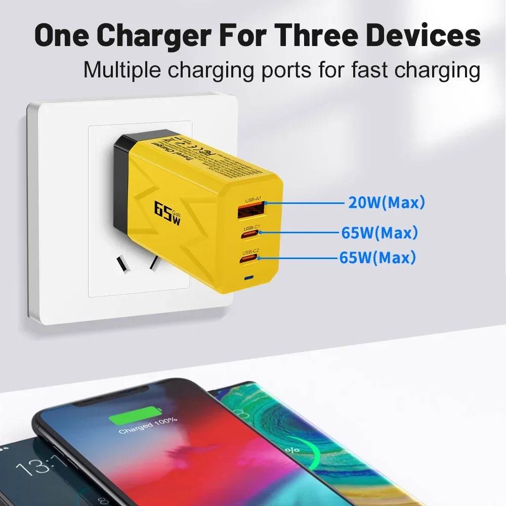 PD 65W GAN USB Charger Type C Charging Mobile Phone Adapter Travel Office Home For Samsung Xiaomi iPhone 14 Wall Charger