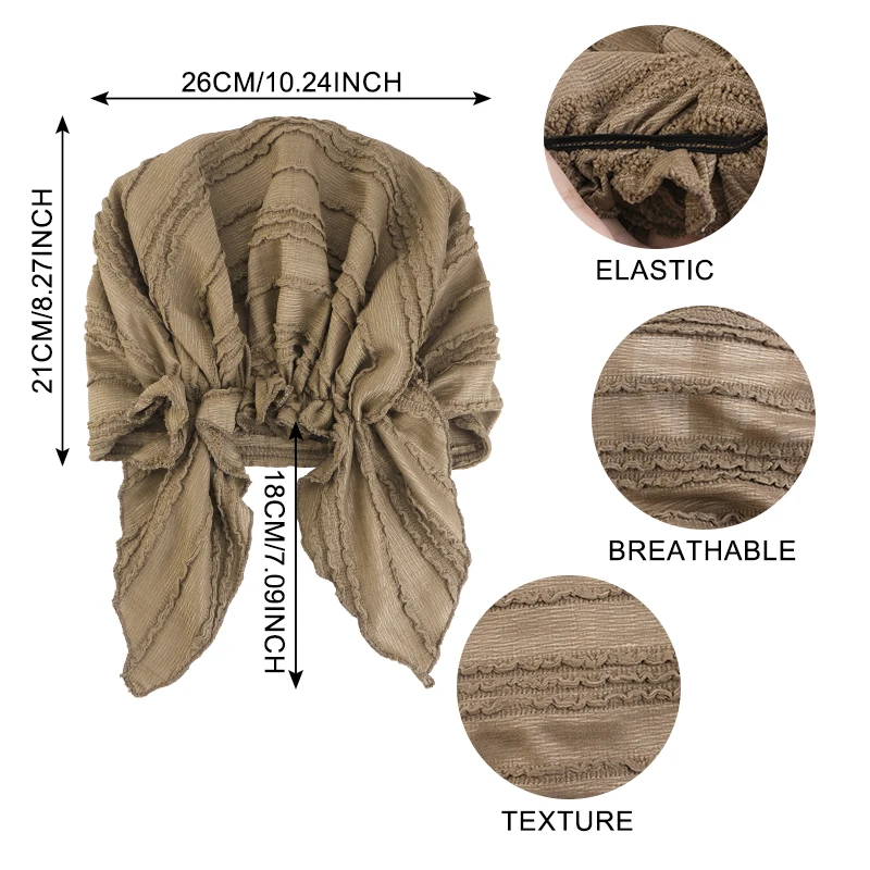 Women Soft Pleated Turban Hat Ruffle Edge Headscarf With Long Tails Muslim Head Wrap Hair Cover Cap