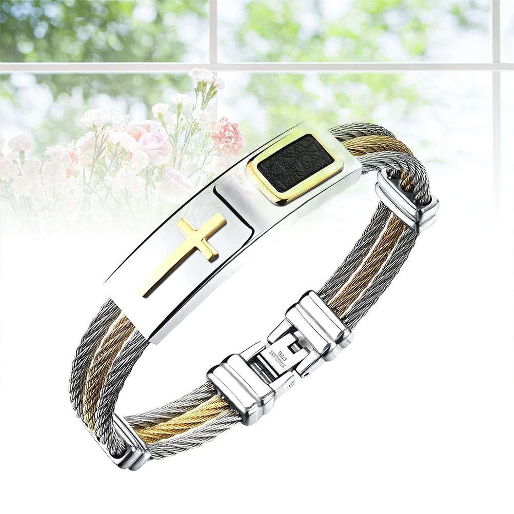 

Men's Fashion Cross Bracelet Three Row Wire Weave Handmade Metal Titanium Steel Bracelet Durable for Birthday Party