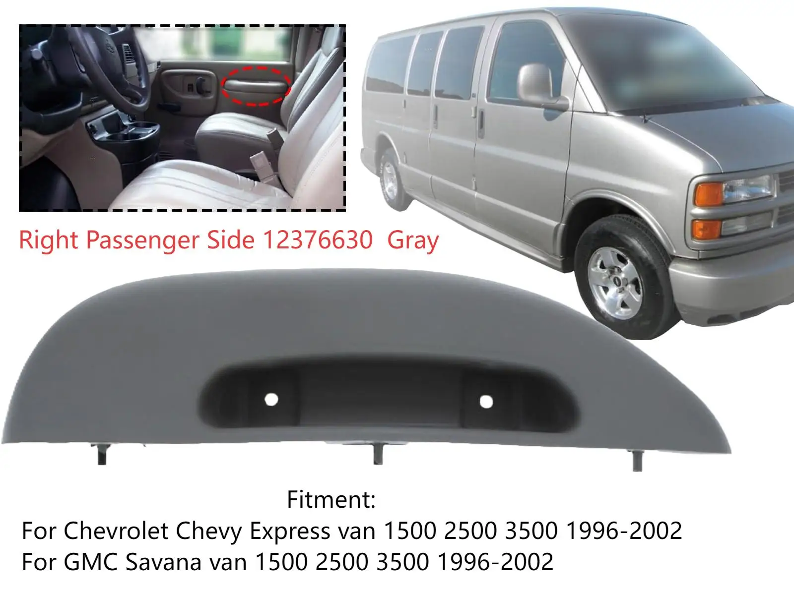 Gray Armrest Pull Handle Cover for Chevrolet Chevy Express Van 1500 2500 3500 1996-2002 Passenger Right RH Side 12376630