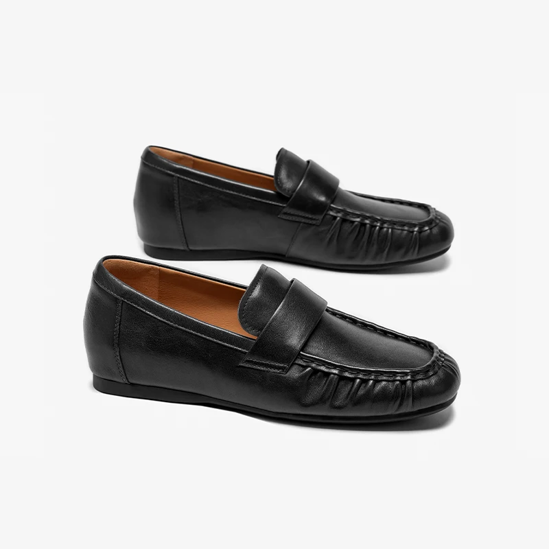 BEAUTODAY Mocassin Loafers Women Cow Leather Ruched Square Toe Slip On Flats Business Autumn Ladies Shoes Handmade 26360
