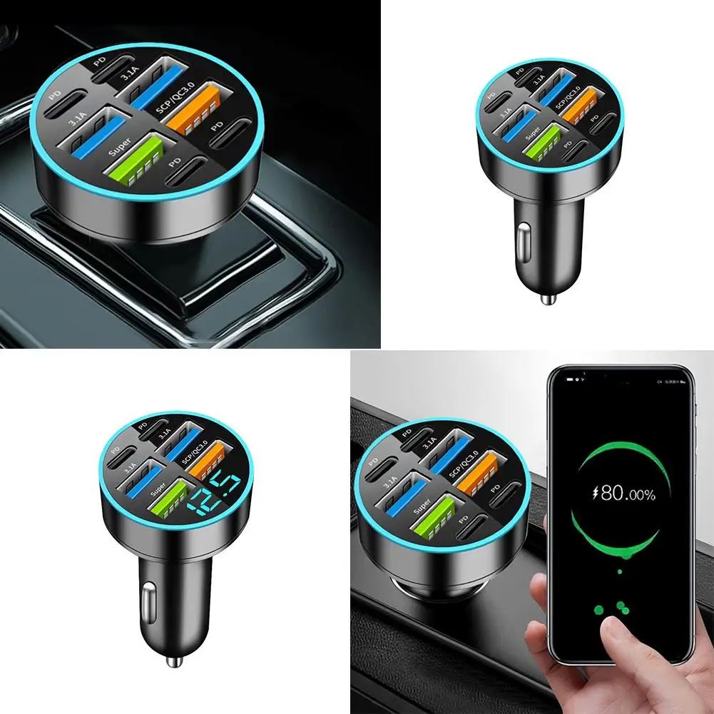 8 Port Car Digital Display Charger 100W 4 USB Type C Fast Charging Car Mobile Phone Adapter For Xiaomi iPhone Oneplus E5N2