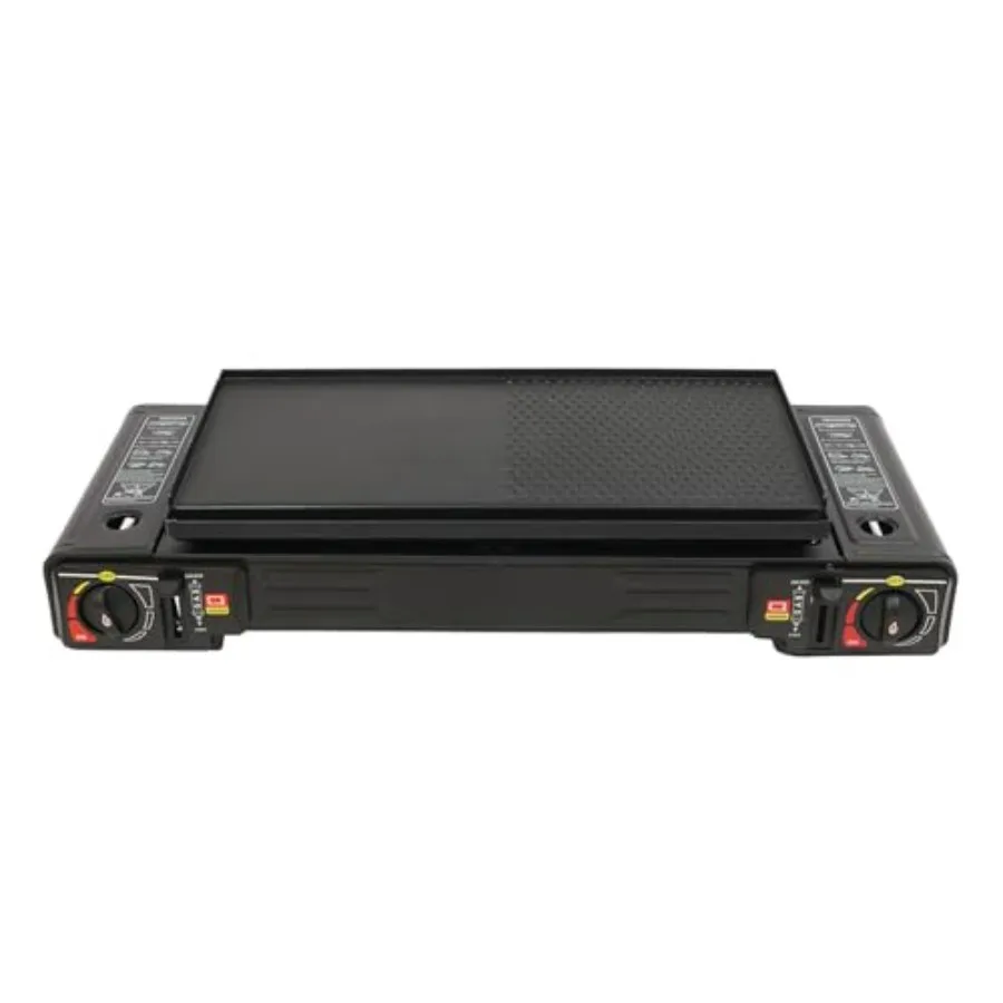 

Outdoor cooking camping stove with 2 burners, stainless steel body, black color, portable and multi-functional with baking tray
