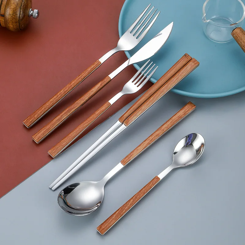 16piece Imitation Wooden Cutlery Set Korean Food Knife fork Spoon Chopsticks Wood Dinnerware Sets Tableware  Cutleries