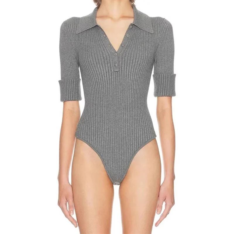 

Bodysuit women New elastic knitted slim fit short sleeved top for winter 2025 y2k women's corset lapel pullover Women's bodice