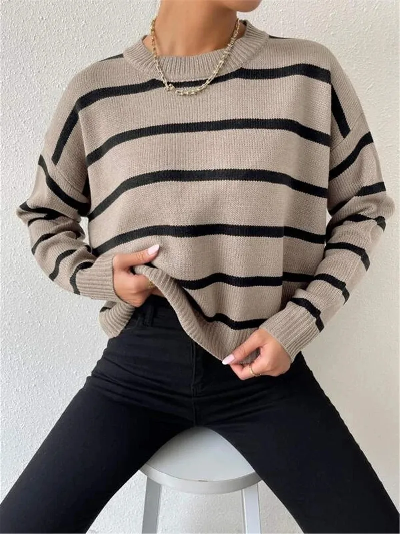 Women\'s autumn new loose round neck striped knitted pullover sweater