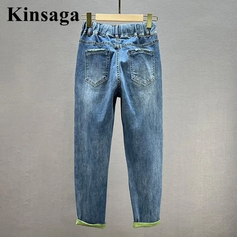 90s cintura elástica amarrada ruched hallen jeans feminino americano rua carta impressão revers lago demin calças cor bloqueando vaqueros