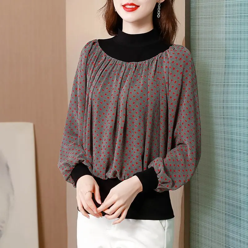 Autumn Winter New Vintage Polka Dot Printed T-shirt Stylish Leopard Floral Chic Chiffon Spliced Loose Half High Collar Pullovers