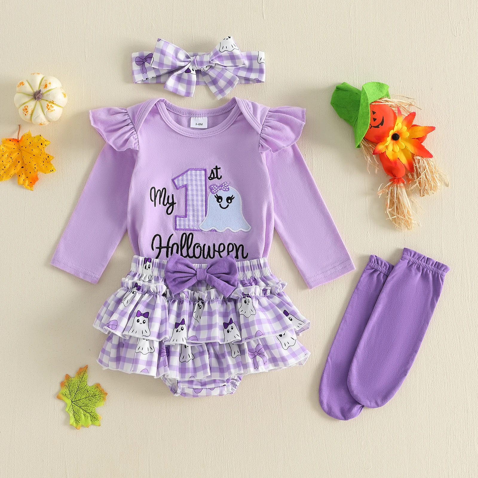 Infant Girl My First Halloween Outfit Long Sleeve Crew Neck Pumpkin/Ghost Embroidery Romper Layered Skort Headband Socks Set