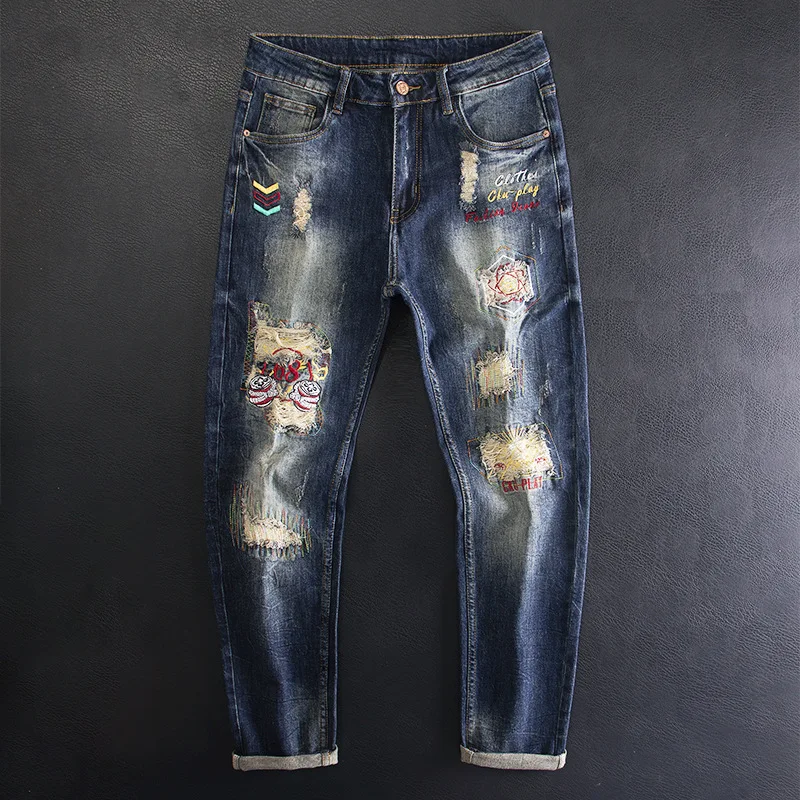 

Ripped Embroidered Jeans for Men, Trendy Retro Slim Fit Stretch High Street Cool Personality Fashion Pants