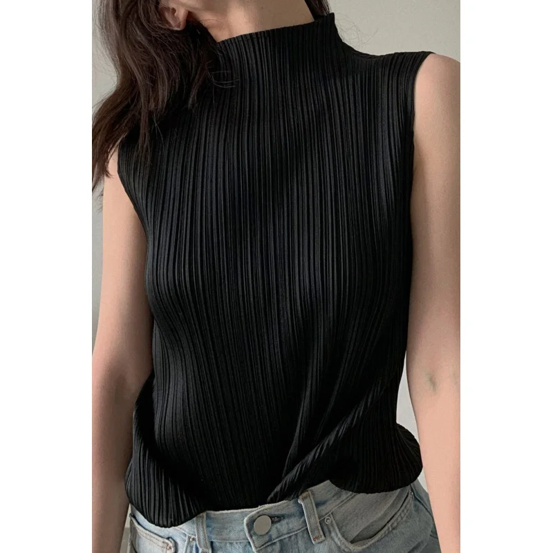 Miyake Pleated Elegant Fashion Temperament Solid Color Half High Neck Sleeveless Women\'s Vest 2023 Summer New Breathable Top