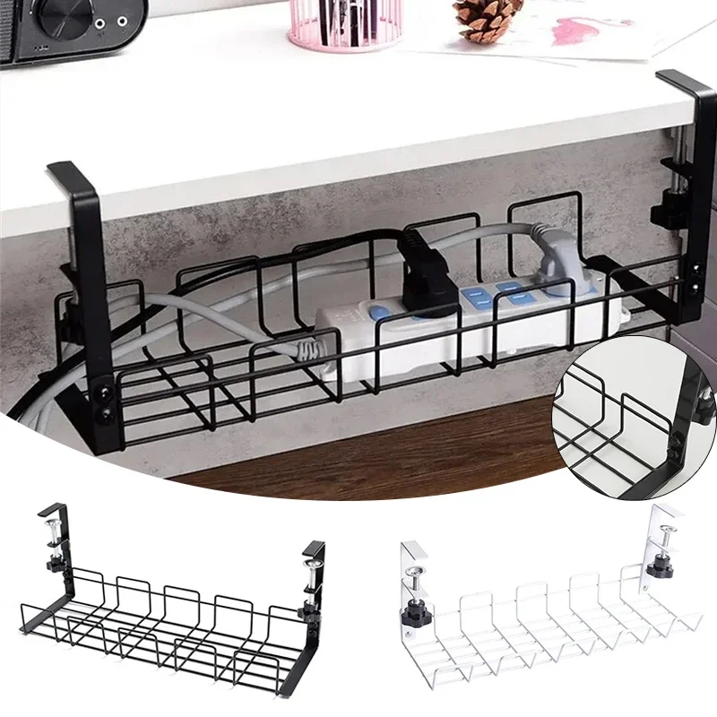 

Black/White Under Desk Cable Basket MetalCable Management Storage Rack Cable Organizer Desktop Drill-free Cables Storage Rack