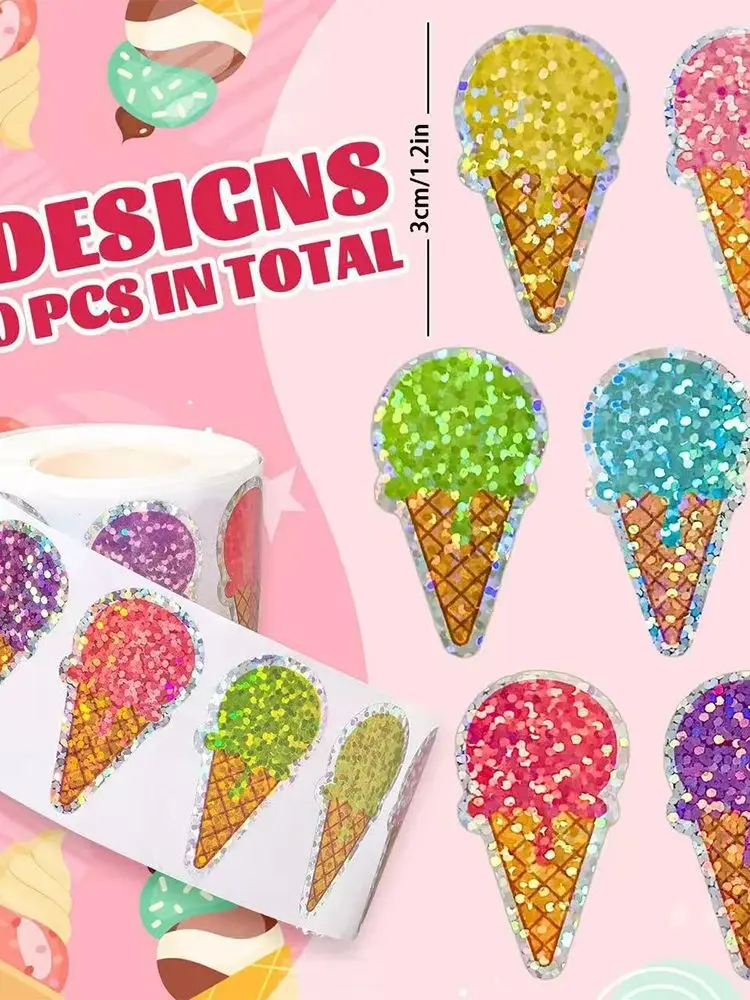 500 stks/rol Kleurrijke Glanzende Ijs Afdichtingsstickers Kawaii Cartoon Beloning Sticker DIY Koelkast Telefoon Notebook Decals Decoratie - afbeelding 2