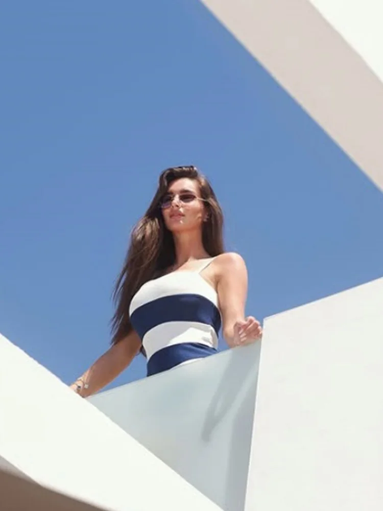 Ahagaga Summer Women Playsuits Striped Straps Zipper Skinny Regular Causal Basic Square Collar Sleeveless Eelgant Female Rompers