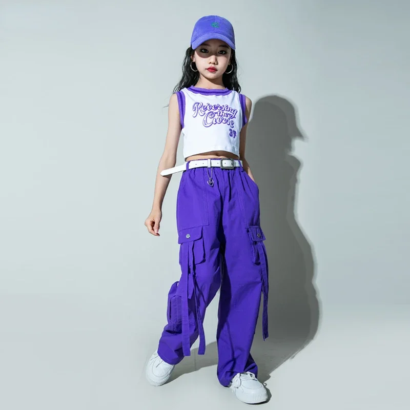 Girls Hip Hop Sweet Crop Tank Top Cargo Pants Clothes Sets Kids T-shirt Street Dance Joggers Child Streetwear Cute Teen Costumes