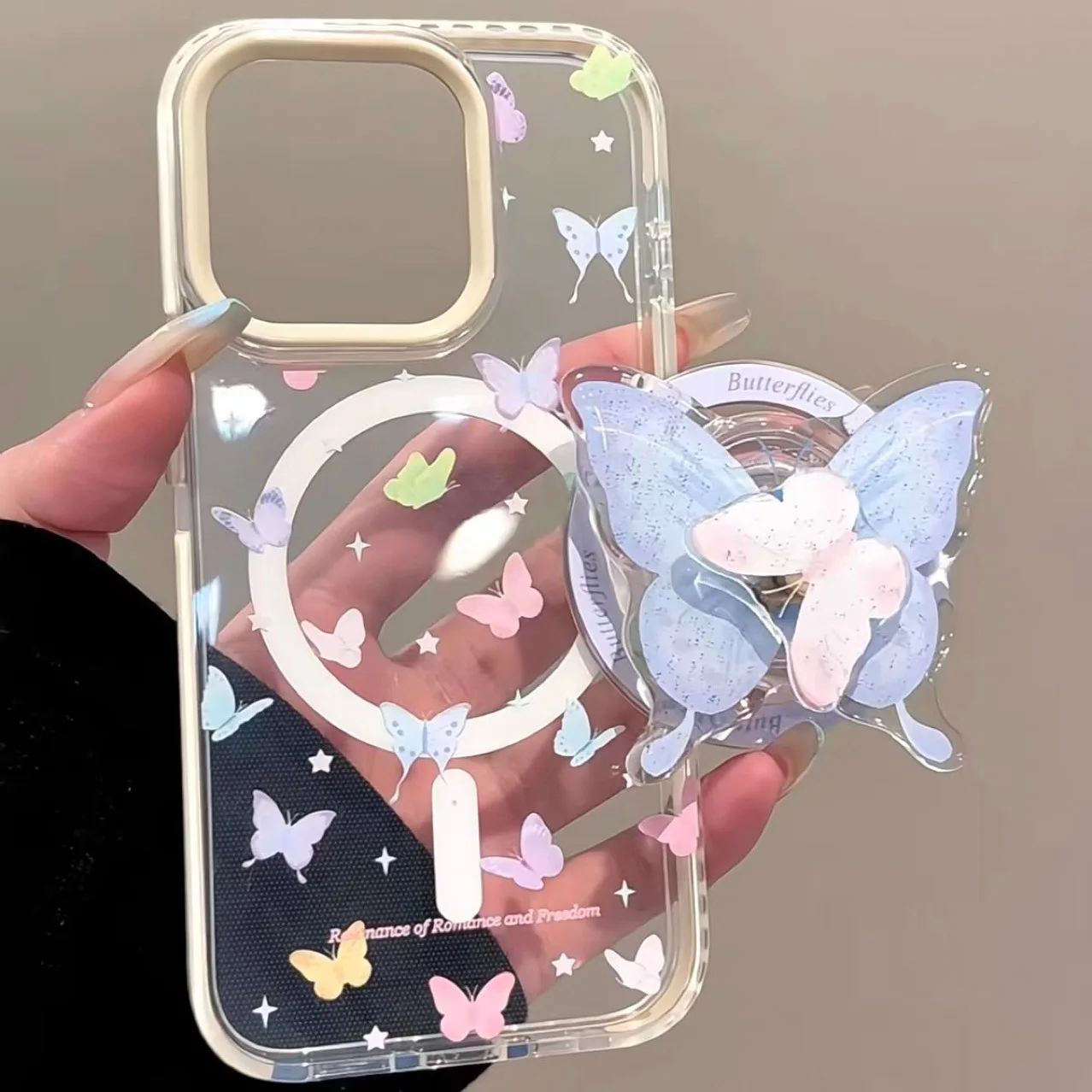Koreanische Nette Schmetterling Rotation Für Magsafe Telefon Grip Tok Stehen Für iPhone 16 Pro Max Drahtlose Lade Fall Magnetische Halter – Detail 2