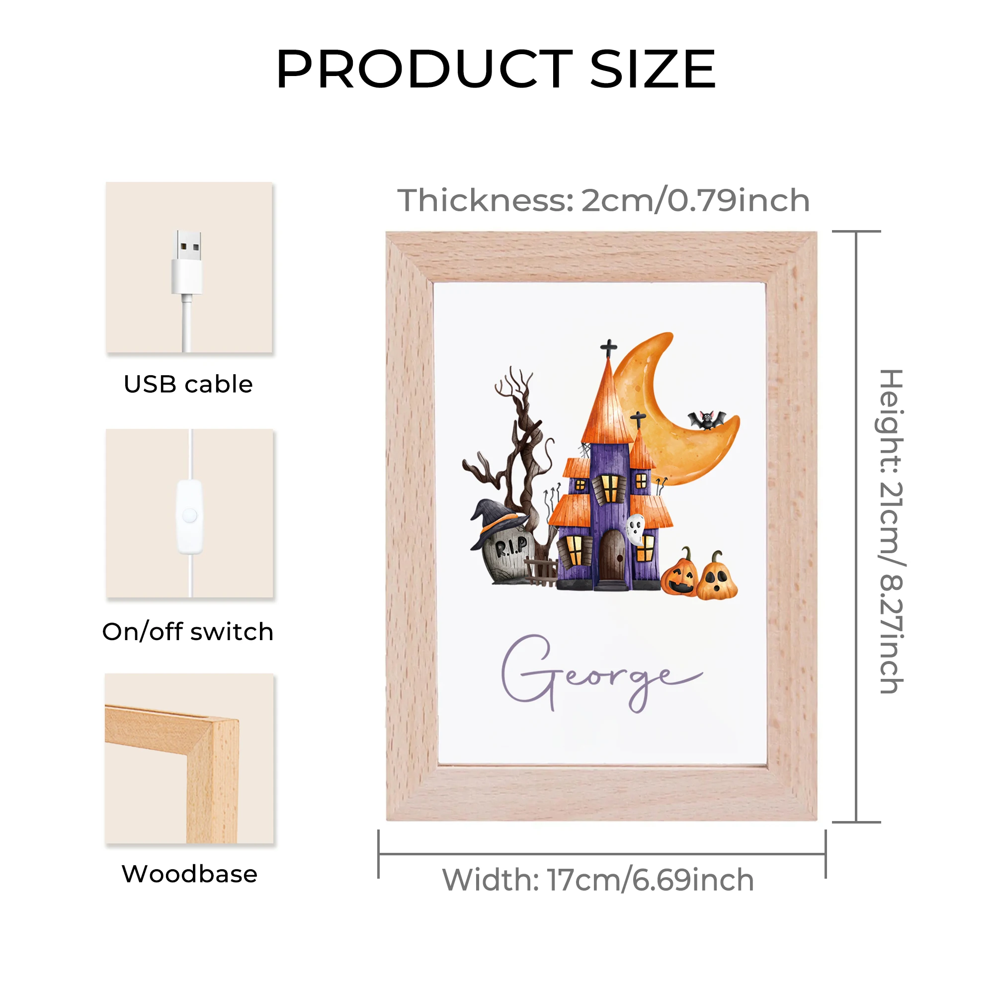 2D Flat Custom Name Castle Jack-o-lantern LED Acrylic Night Light Wood Photo Frame 21x17cm Halloween Bedroom Gifts Home Decor