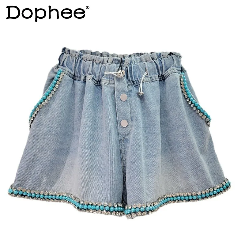 Colorful Beads High Waist Wide Leg Shorts 2024 Summer New European Goods Exquisite Rhinestone Beaded Denim Shorts for Women