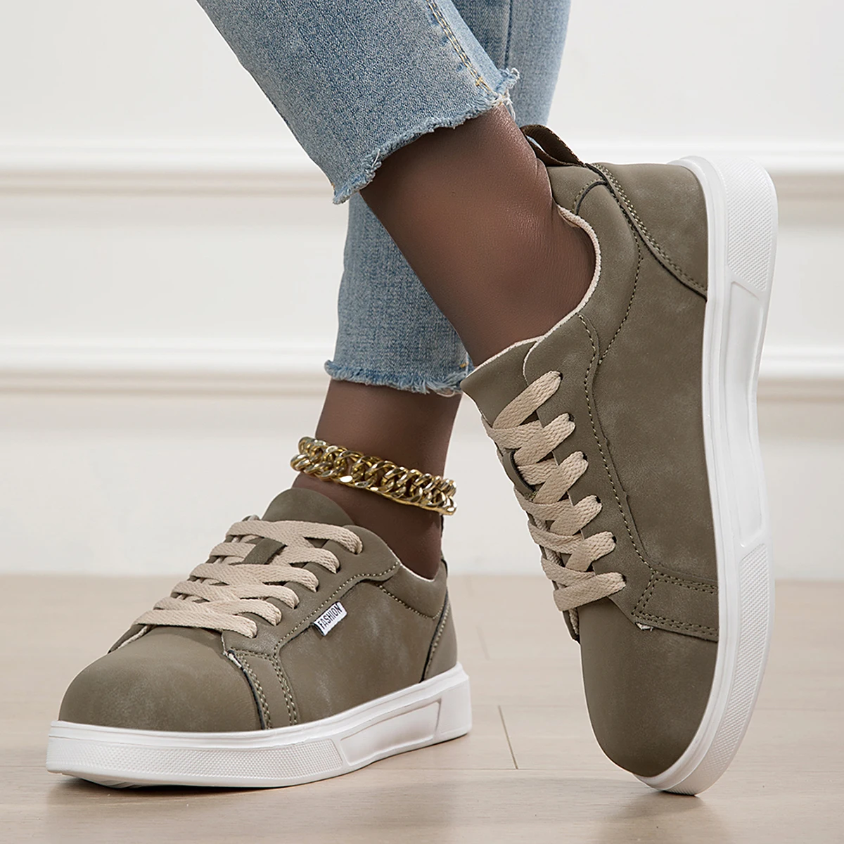 Men'S/Women's Multi-Color Low-Top Casual Sneakers, Matte Texture Beige Lace-Up White Thick-Soled Sneakers, Fashionable and Versatile Daily Commuter Shoes