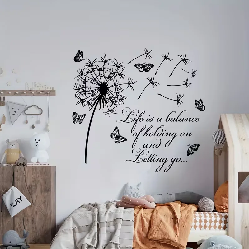 Dandelion Butterfly Inspirational English Wall Decal for Living Room Entryway, Self-Adhesive Sticker