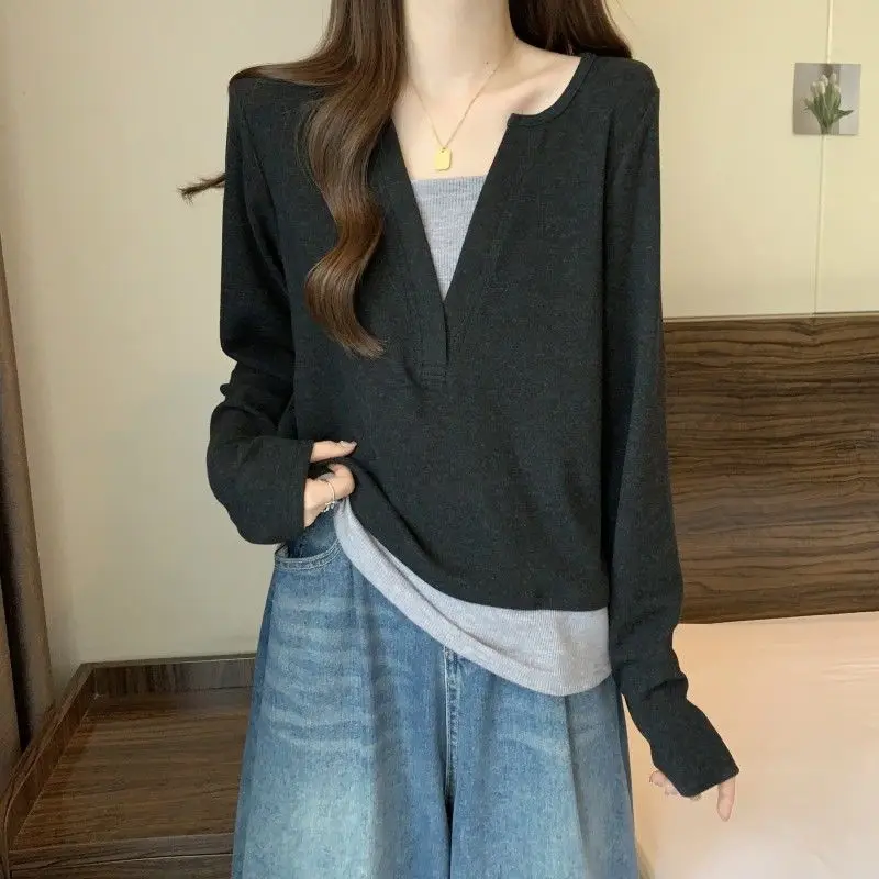 Fake Two Pieces Patchwork Pullovers Female Clothing Casual Long Sleeve Spring Autumn Korean Solid Color All-match V-Neck T-shirt