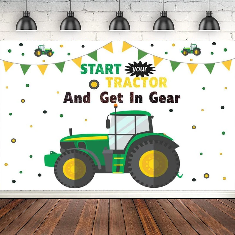 Photography Backdrop Boys Green Start Tractor And Get In Gear Background Kids Happy Birthday Baby Shower Party Photo Banner