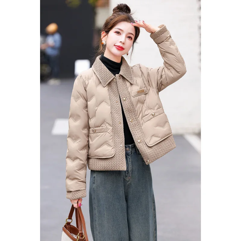 Women's Fragrant Sweet Woven Spliced Down Cotton Jacket Contemporary Lapel Parkas