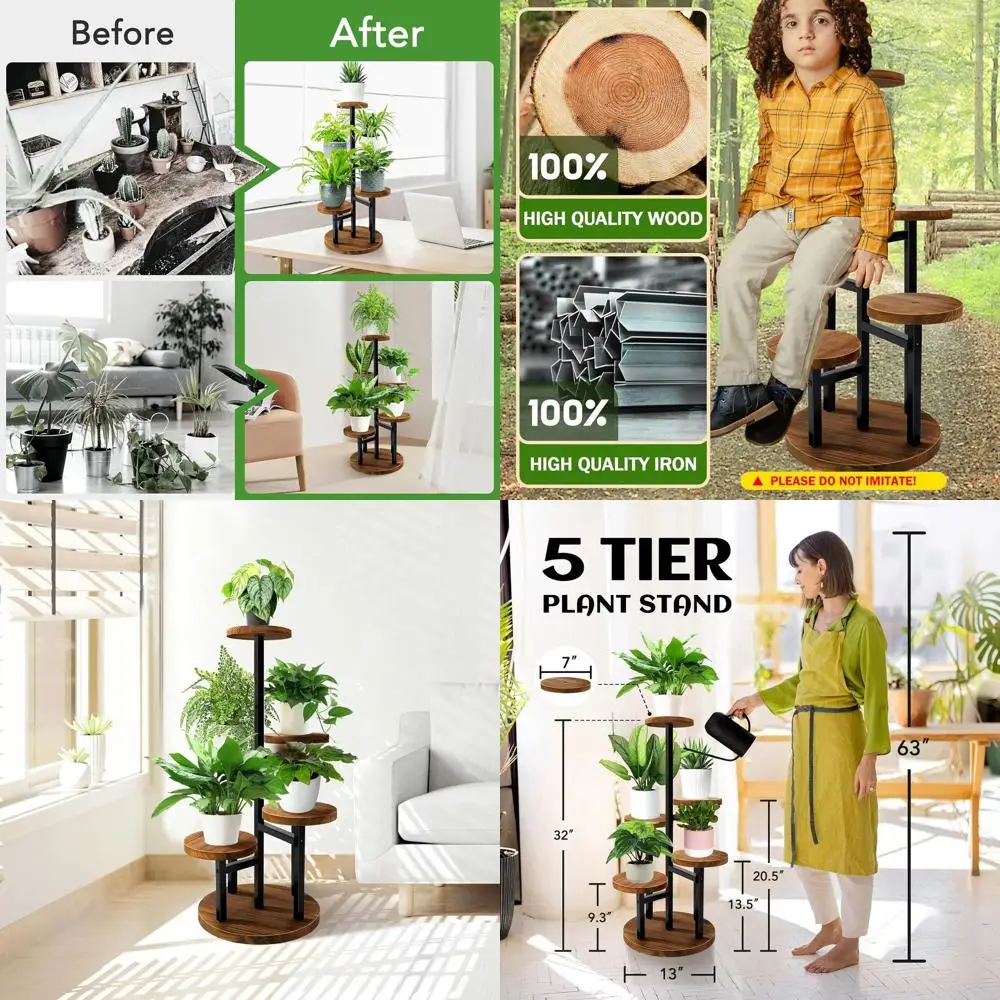 

Многоярусная подставка для растений (5 ярусов), высокая, металлическая, с деревянными полками, для комнатных и уличных растений, для сада, для демонстрации растений, для использования в гостиной