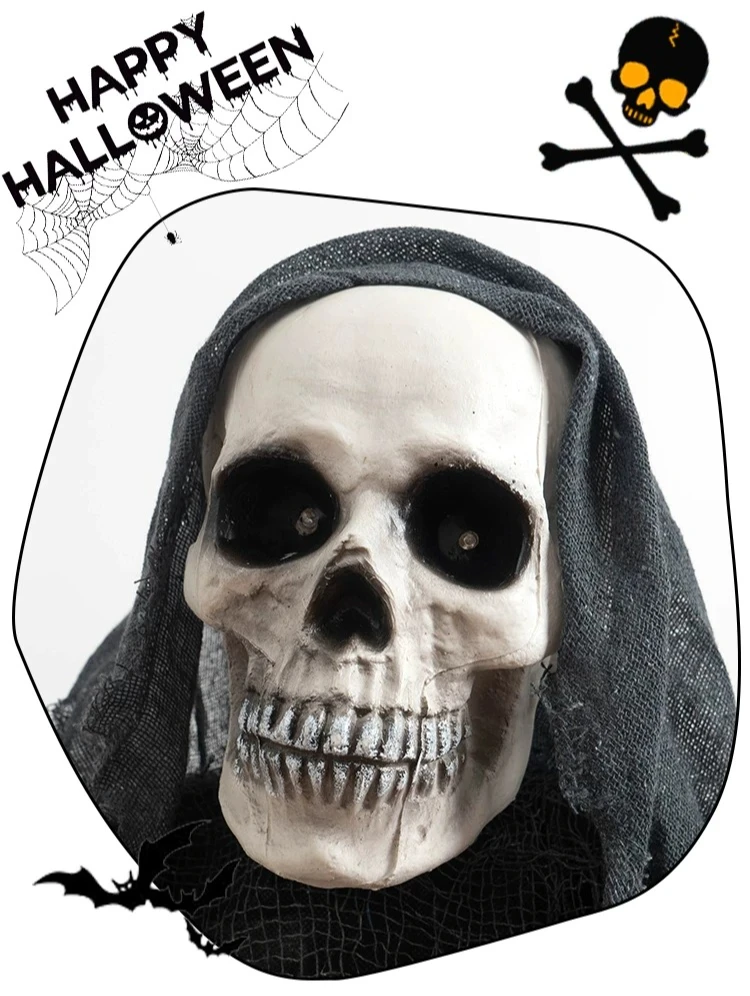 For Halloween oil barrel ghost black robe skull ornament voice-activated sensing binocular glow head swing with sound effects