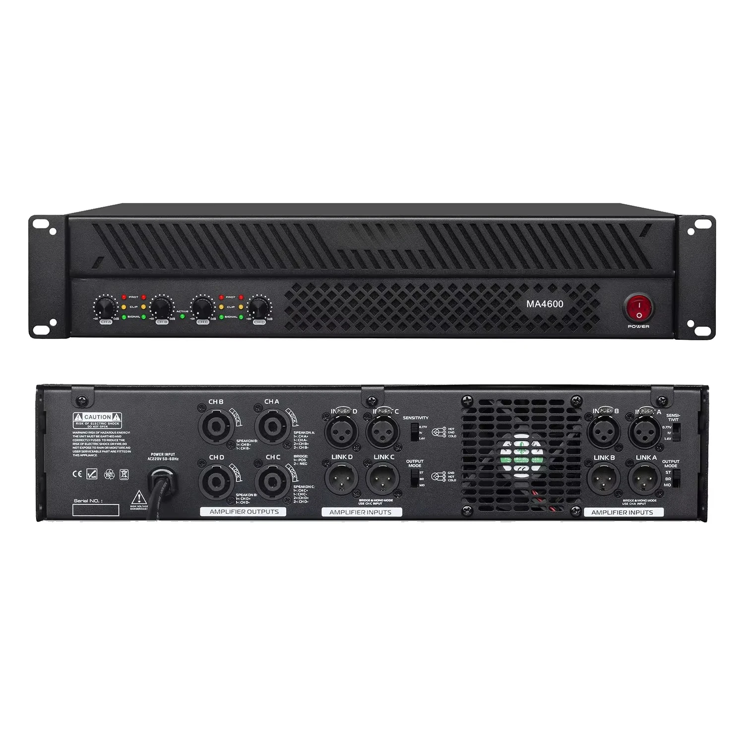 Professional 4-Channel Power Amp MA4600 Multi-Protection Circuit Smart Cooling XLR Input for Home Karaoke Stage Audio