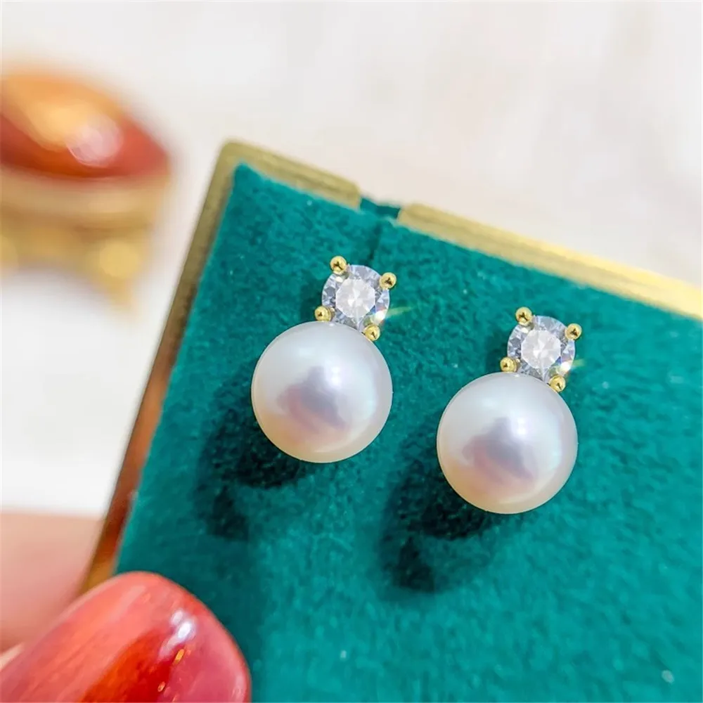 DIY Pearl Accessories S925 Pure Silver Ear Nail Empty Holder Single Diamond Princess Earring Holder Fit 7-10mm Round Flat Beads