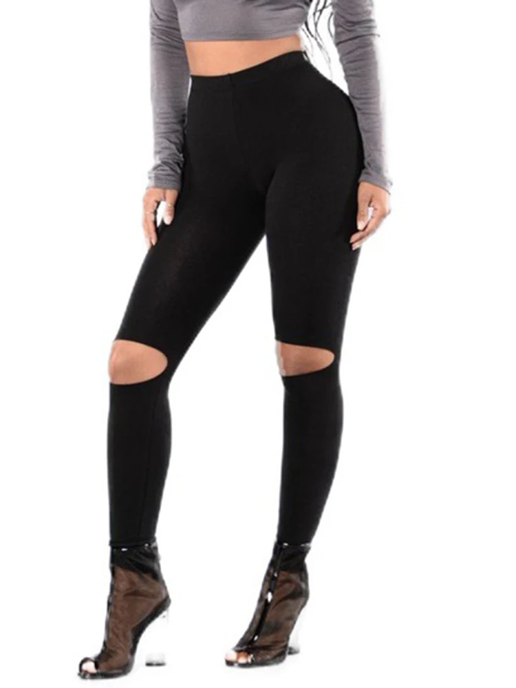 Leggings con agujeros para mujer, pantalones rasgados de cintura alta, elásticos, color negro sólido, informales, elásticos, elásticos