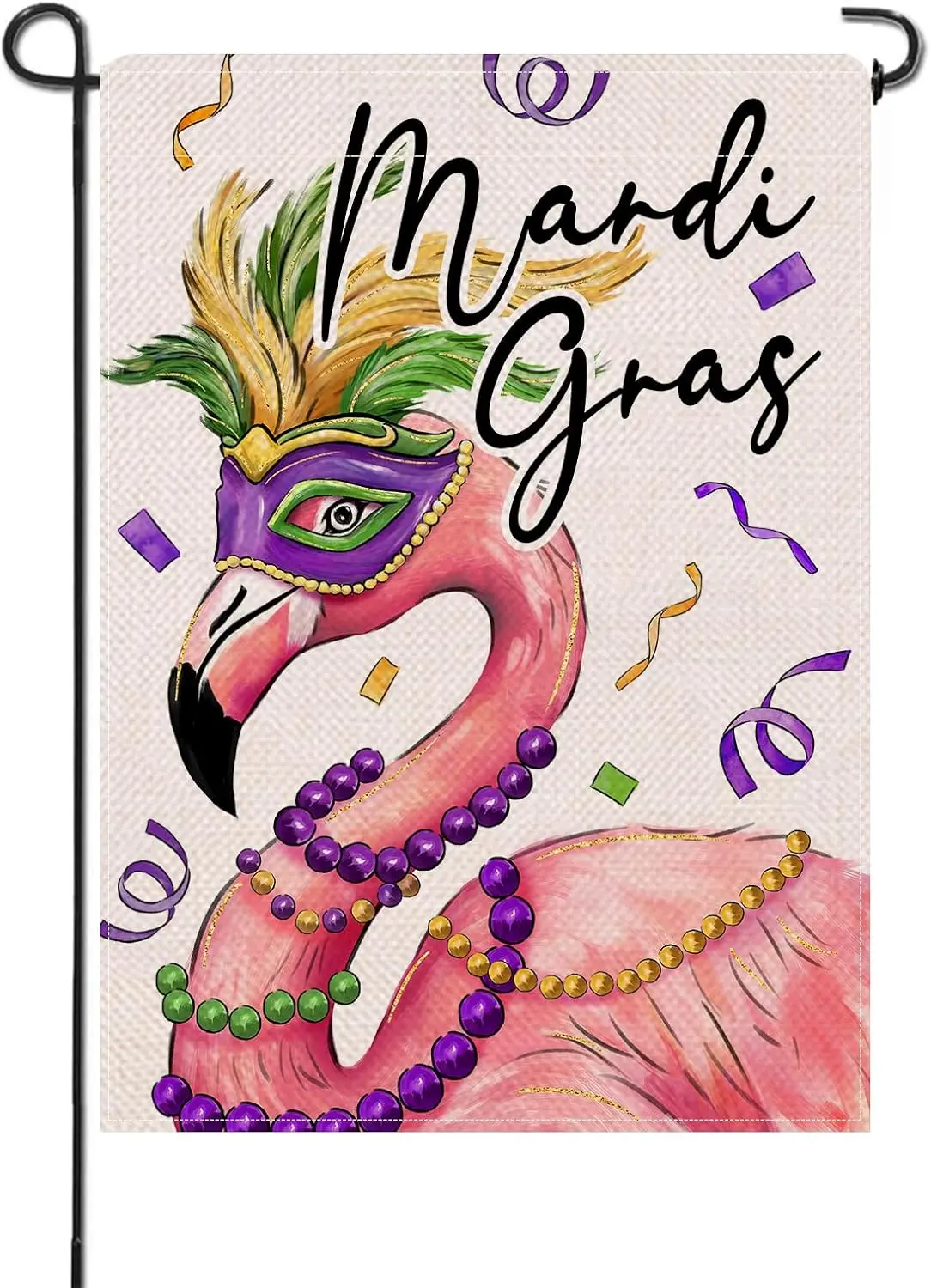 Artofy Mardi Gras Flamingo Decorative Garden Flag, Mask Feather Beads New Orleans Carnival Yard Lawn Outside Decor, Masquera OOA