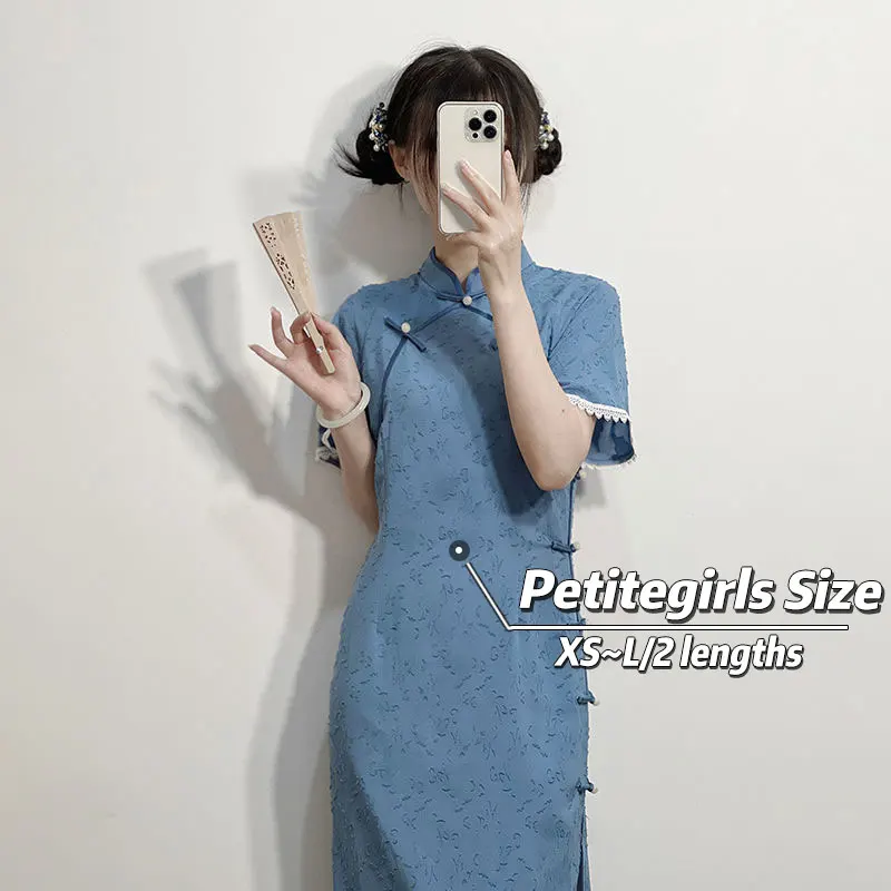 150cm Petite Girls National Style Improved New Chinese Cheongsam Dress Female Summer A-line Mid Length xs Appear High