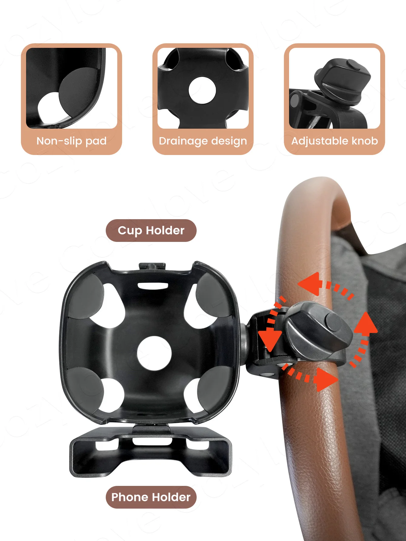 Porte-gobelet de poussette de grande taille avec fente pour téléphone, amovible et 360 °   Rotation pour la plupart des chariots, marcheurs et vélos