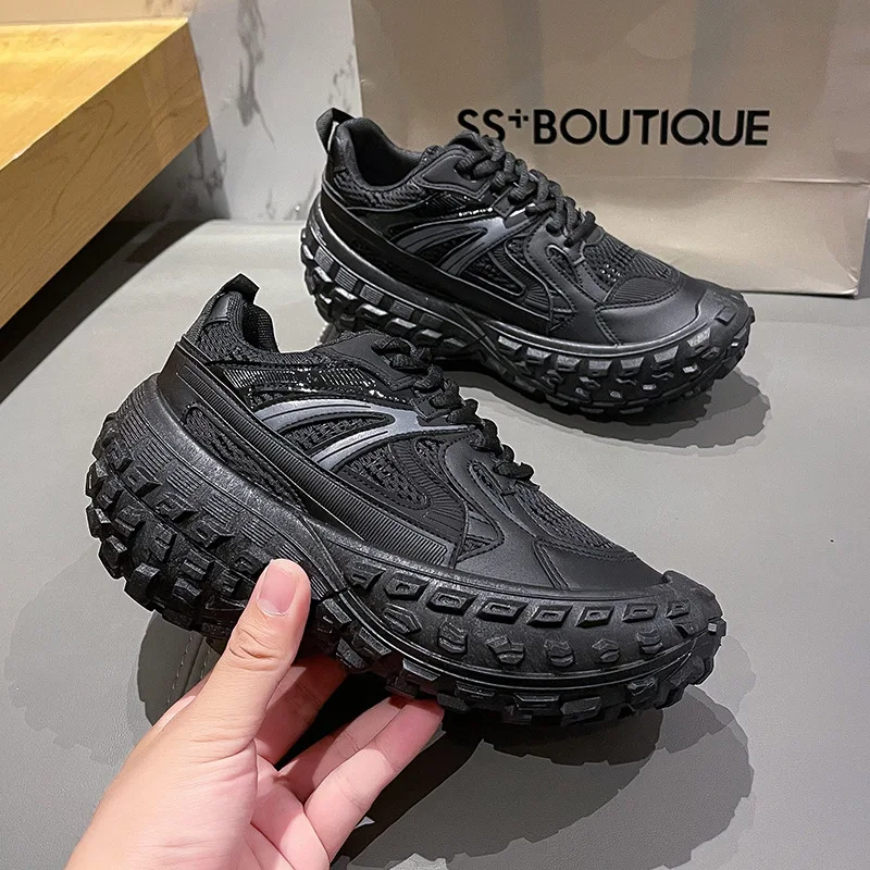 Design Men\'s Casuals Shoes Tyre Style Thick Sole Round Leisure High Quality Couple Shoes Tied Lace Up Height Increasing Sneakers