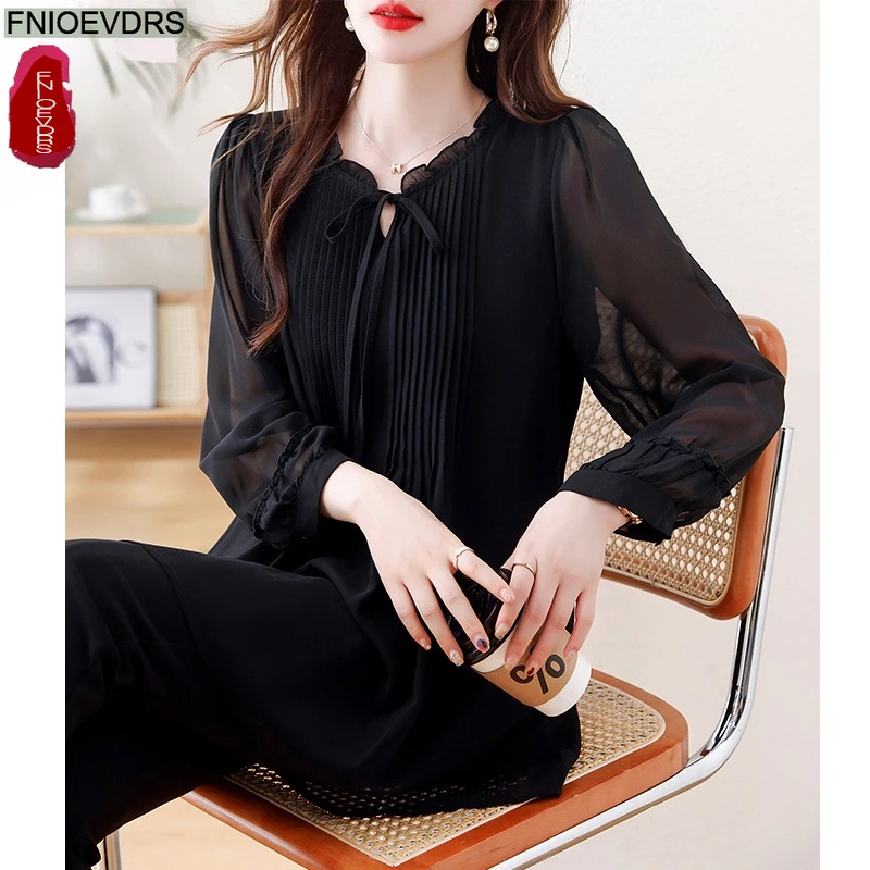 

Свободная одежда, осень 2025 г., женская офисная женская длинная рубашка в европейском стиле, черная туника с оборками, черные блузки с баской