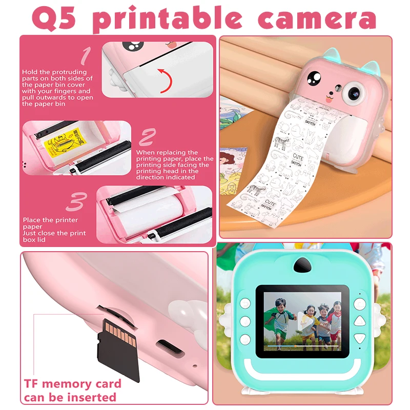 Digital Camera Toys Kids Instant Print Thermal Print Camera Instant Print Photo Video with 32G Memory Card Kids 1080P HD