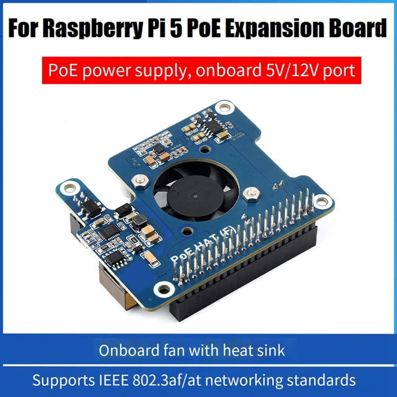 For Raspberry Pi 5 PoE HAT 802.3Af/At GPIO Expansion Board with Cooling Fan 5V/12V for Raspberry Pi 5