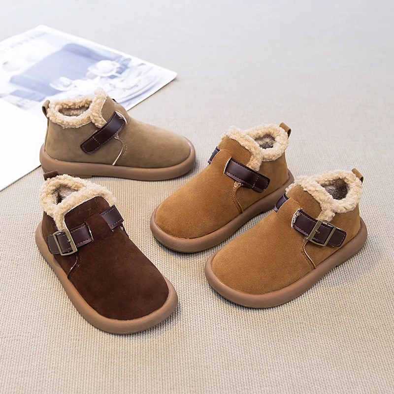 

Children Casual Shoes Suede Warm Retro Kids Flat Shoes Round Toes 2025 Winter New Boys Girls Fashion Shoes Versatile Soft Bottom
