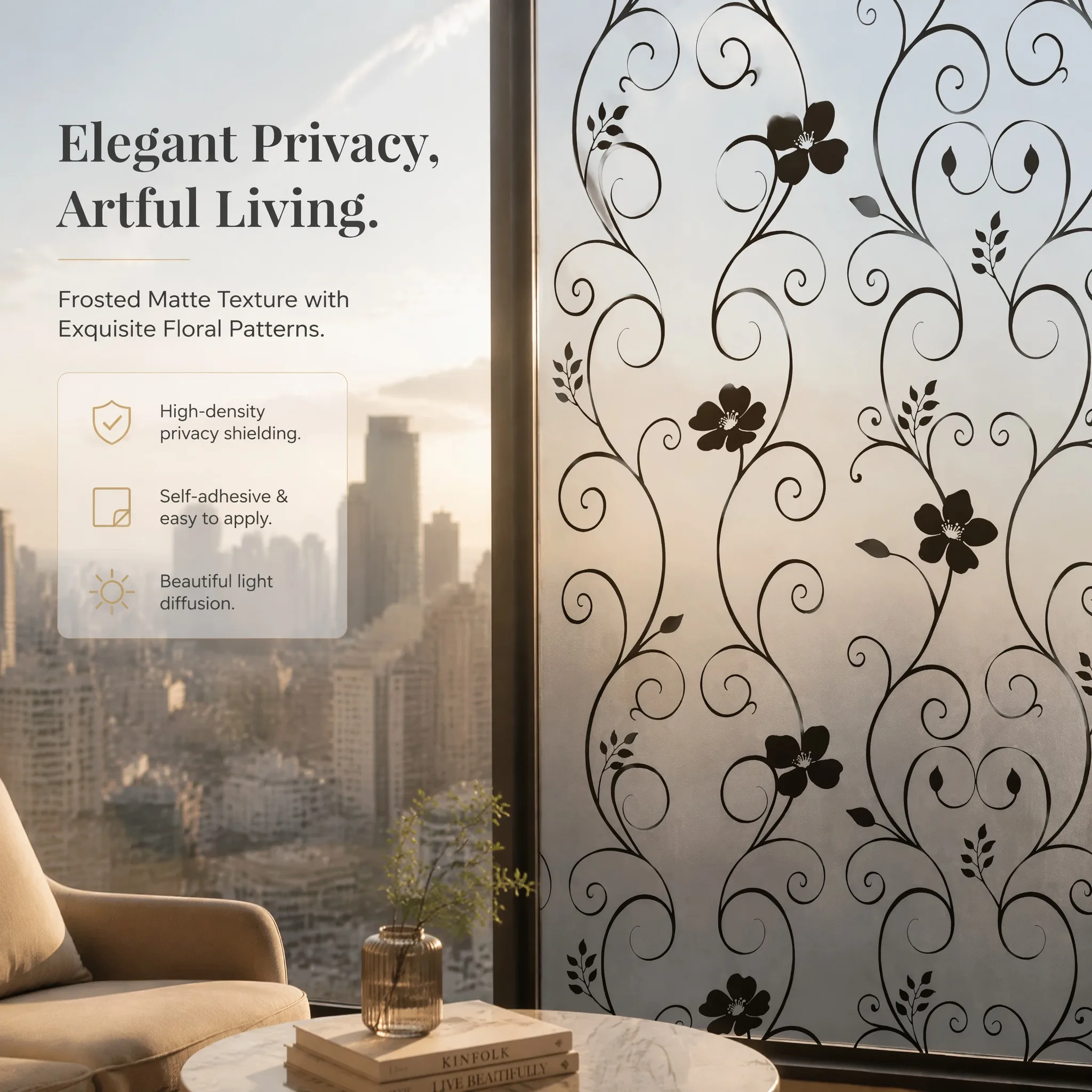 Elegant Retro Privacy Window Film with Built-in Adhesive - Curly Vine Flower Design Soft Light Filter Cuttable PVC for Home Deco
