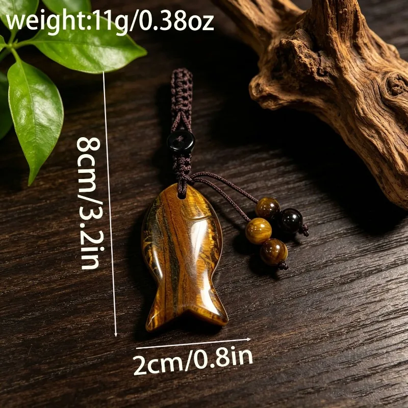 6pcs Carved Natural Semi Precious Crystal Tiger Eye Stone Woven Small Fish Car Keychain Bag Pendant Jewelry Accessories Gift