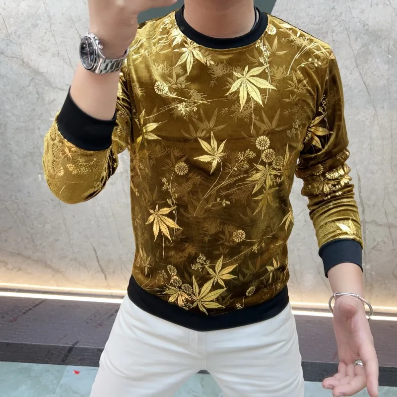 Outono/inverno moletom de veludo para homens em torno do pescoço elástico casual manga comprida camiseta versátil camisa base social pulôver