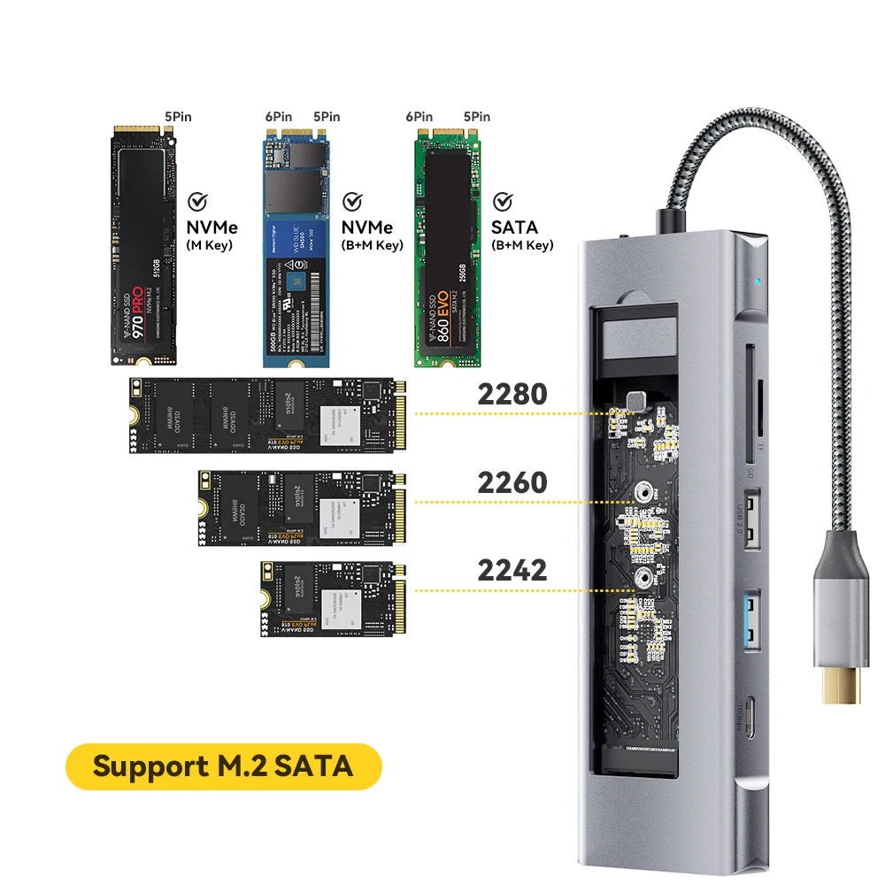 8-in-1 USB Hub With Disk Storage Function SSD M.2 SATA NVME USB Type C to HDMI-Compatible Docking Station For Macbook Air M1 M2