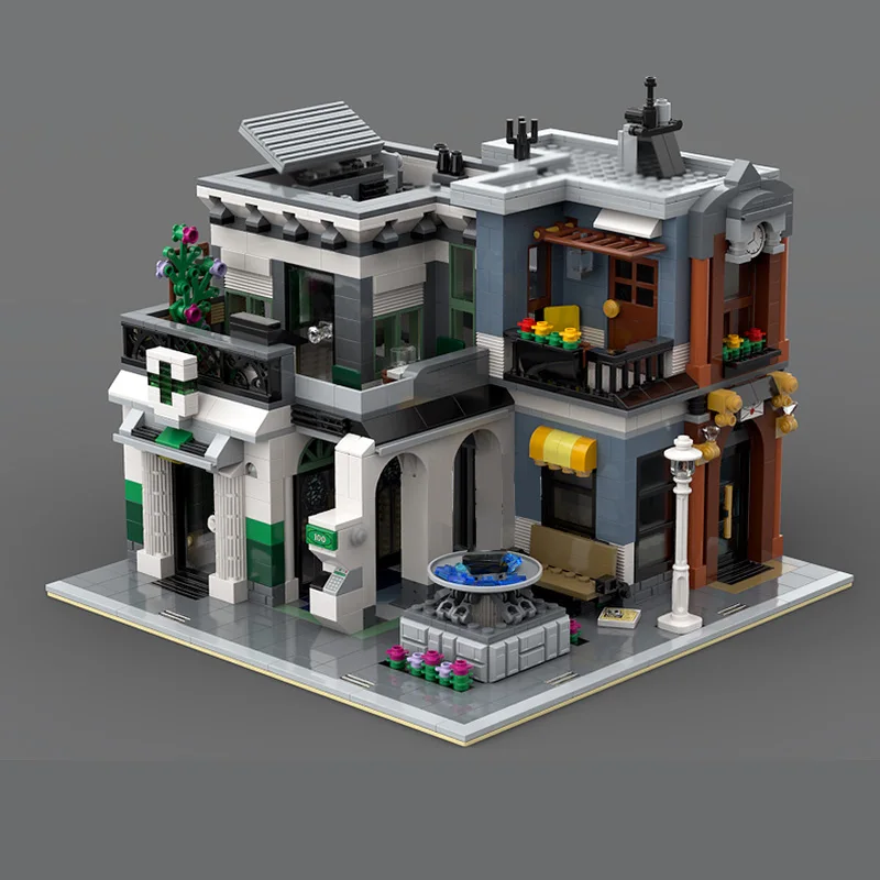 Street View Model MOC Building Bricks Pharmacie, Post Office And Apartment Modular Technology Children Holiday Gift Assemble Toy