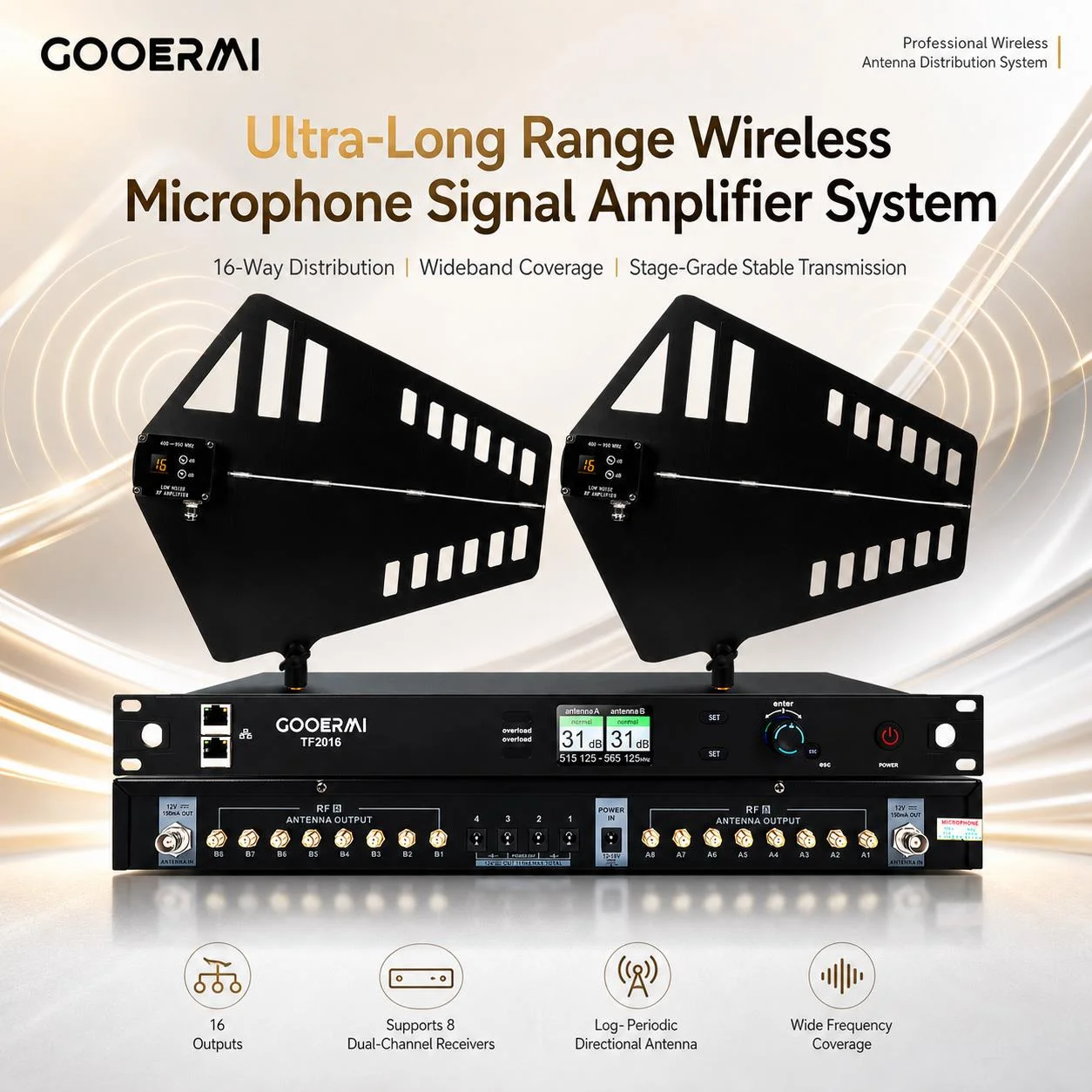 

Gooermi TF2016 UHF Antenna Distributor 16 Channel RF Signal Amplifier System for Wireless Microphone Receiver 450-960MHz