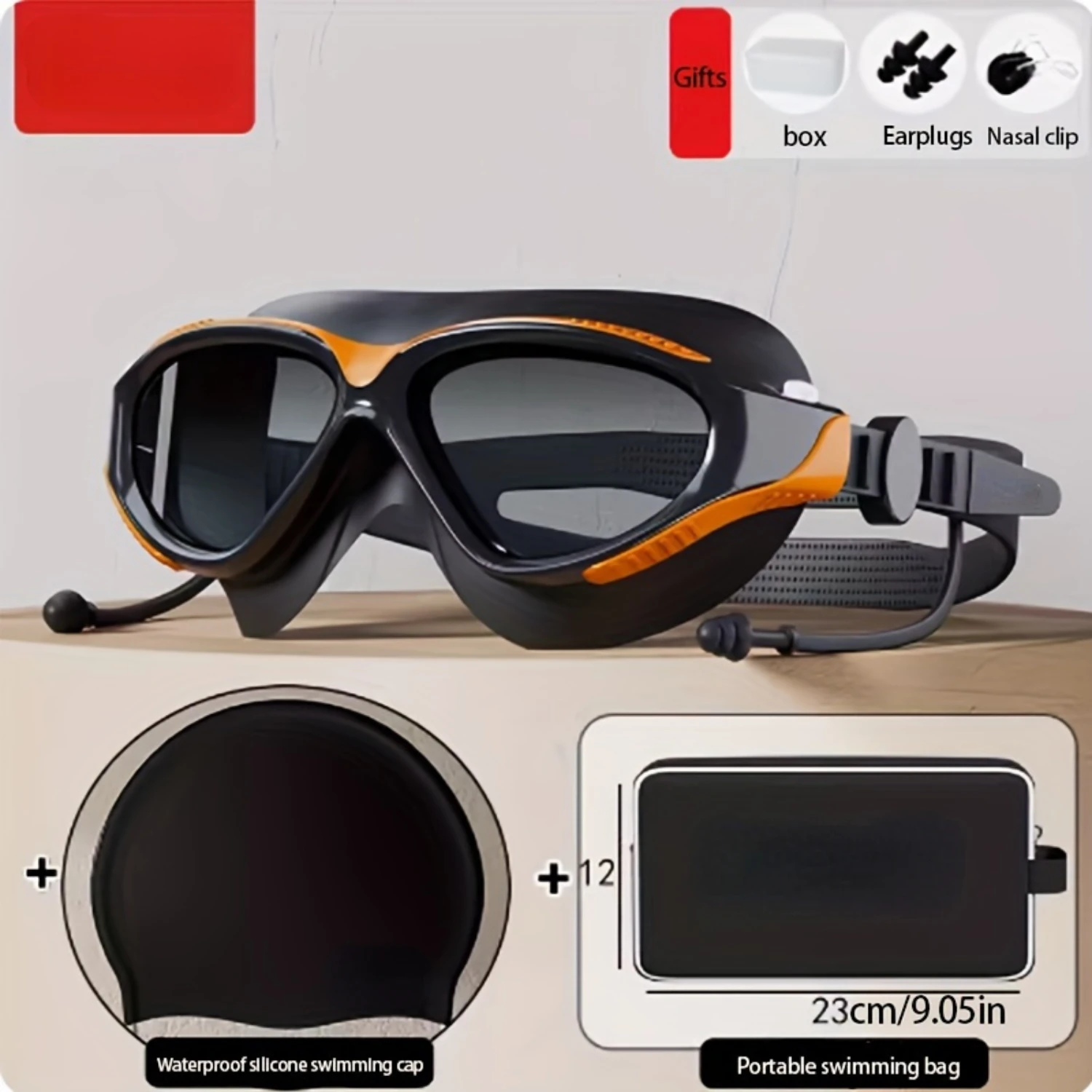 

3Pcs swimming goggles + swimming + swimming bag high definition waterproof and anti-fog large frame swimming glasses men's and