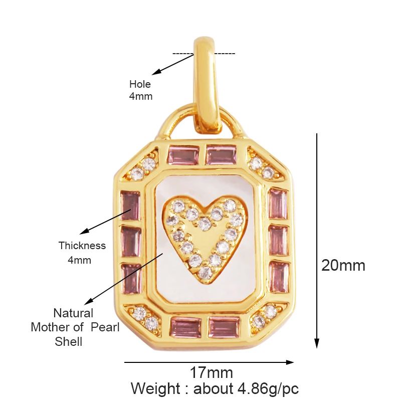 Fashion Personalized Heart Round Rectangle Shell Charm Pendant,Colorful Zircon Jewelry Findings Necklace Accessories Supply L55