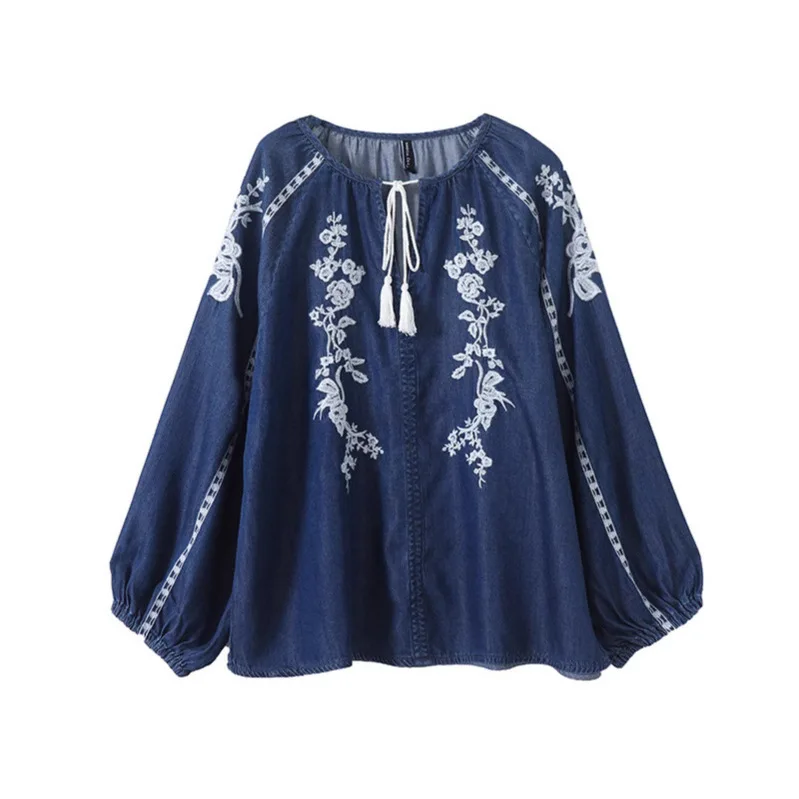 Frauen Denim Bluse Top Blume Stickerei Laterne Hülse Runde Kragen Spitze Up Quasten Vintage Shirt Tops 2025, Herbst Streetwear